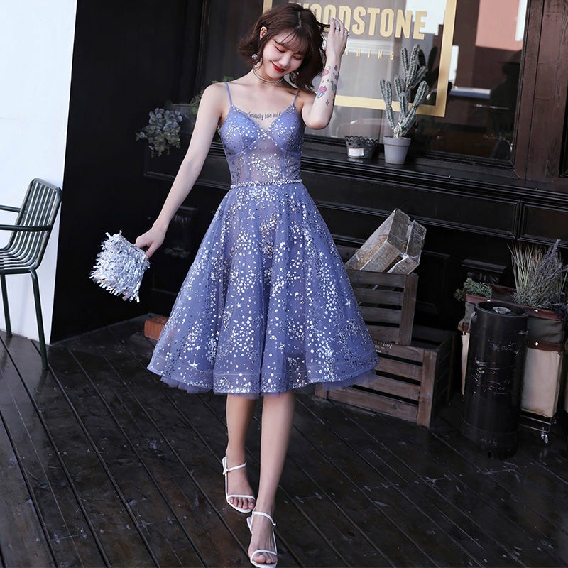 Cute Lavender Tulle Short Beaded Homecoming Dresses, Shiny Tulle Short Prom Dresses